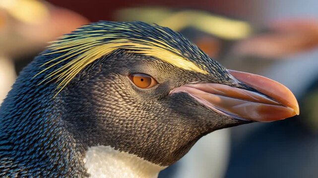 Majestic Macaroni Penguin Portrait Showcasing Unique Yellow Plumage and Bright Orange Beak.