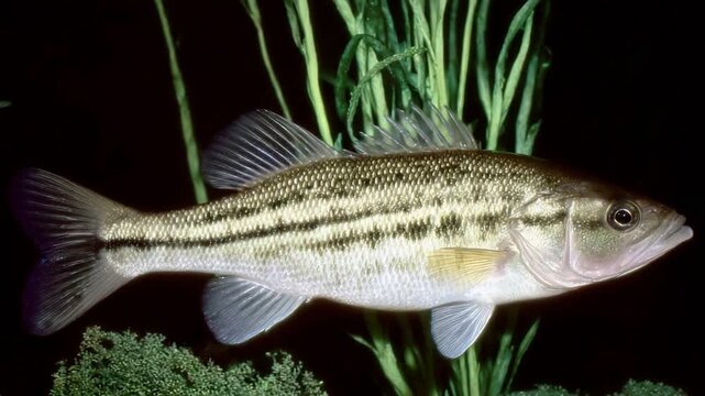 Majestic Largemouth Bass Swimming Gracefully Among Green Aquatic Plants in its Natural Habitat.