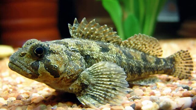 Detailed Perspective of a Camouflaged Freshwater Fish in its Natural Aquarium Habitat.