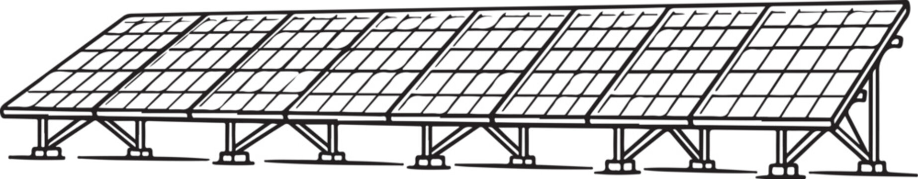 Solar Panel Array on Farm Clean Black and White Line Art Illustration