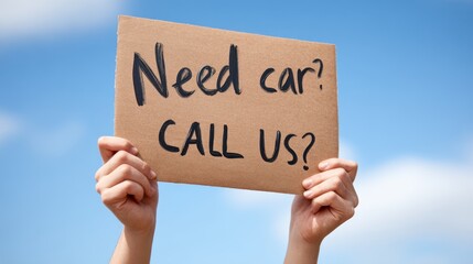 Hands holding a cardboard sign with the text Need car CALL US against a clear blue sky background