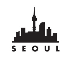 Fototapeta premium Seoul Skyline Silhouette with N Seoul Tower Landmark Black Vector Icon