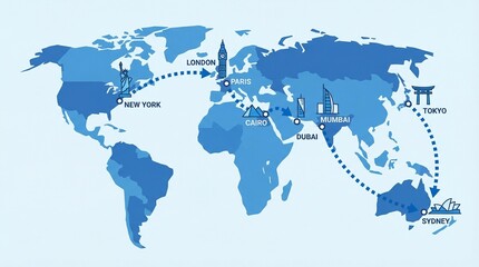 Naklejka premium Global Travel Route Map Connecting Major World Cities with Famous Landmarks