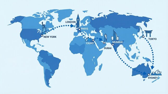 Global Travel Route Map Connecting Major World Cities with Famous Landmarks