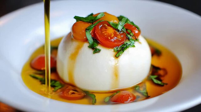 Gourmet Italian burrata cheese with vibrant cherry tomatoes and fresh basil, drizzling olive oil.