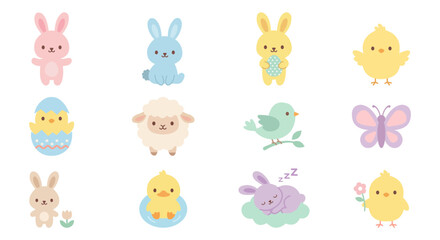 Fototapeta premium Collection of small animal icons including rabbits, chicks, lambs, birds, and butterflies.