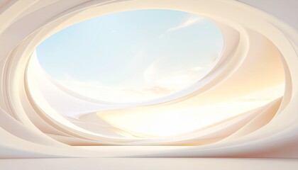 Obraz premium Modern abstract interior with graceful flowing white forms and a radiant opening to a tranquil sky, symbolizing contemporary design and luminous space