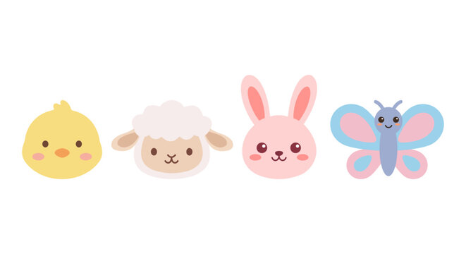 Cute faces of Easter animals including chick, lamb, bunny, and a butterfly in flat style.
