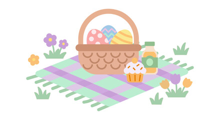 Fototapeta premium Easter picnic scene with a basket of eggs on a checkered blanket with cupcakes and juice.