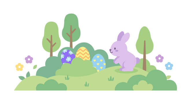 Easter egg hunt scene with a purple bunny and eggs hidden among bushes and trees.