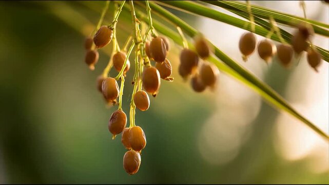 Delicious dates ripening naturally on a vibrant date palm tree bathed in warm golden sunlight.