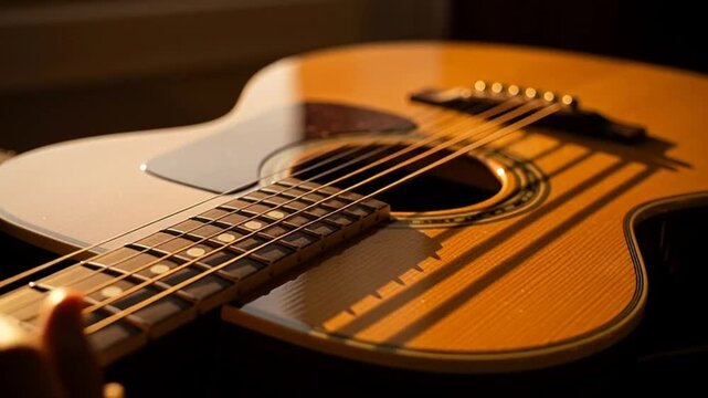 Close up of an acoustic guitar with warm lighting.