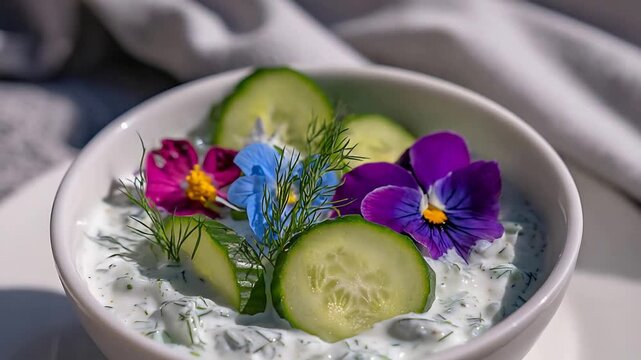 Refreshing Tzatziki Dip with Fresh Cucumber Slices and Vibrant Edible Flowers.
