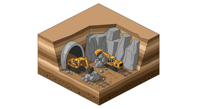 Isometric View of Underground Mining Operation with Heavy Machinery.