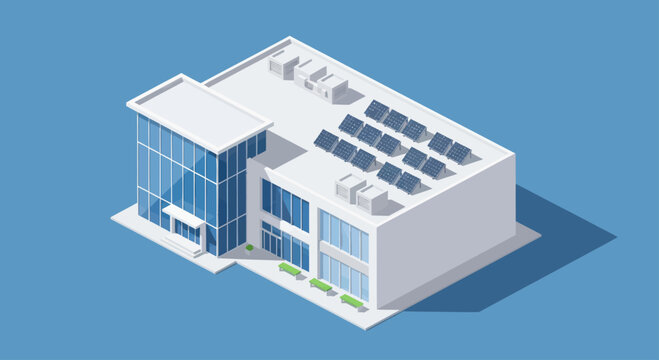 Modern Office Building with Solar Panels on Roof Isometric View.