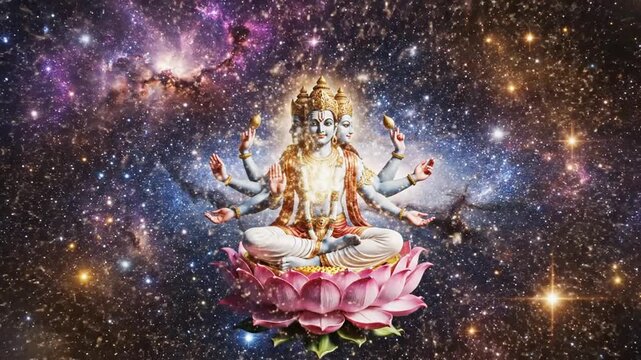 Brahma shastra enlightenment over cosmic sports car: multiface deity meditating amid nebulae
