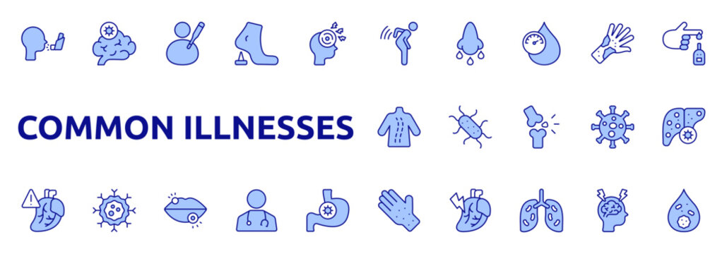 Common Illnesses icon set color lineal style with backache, sinusitis, hypertension, rash, diabetes, scoliosis, osteoporosis icons