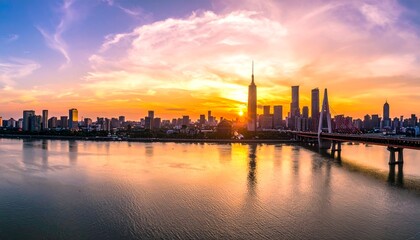 Fototapeta premium Hangzhou skyline at sunset - A vibrant cityscape reflected in water.