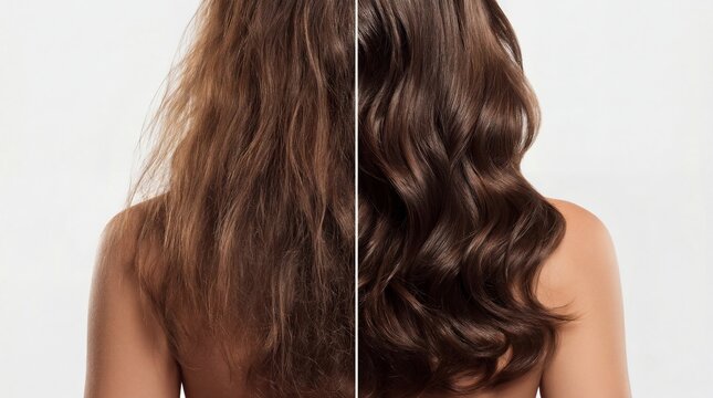 Split image highlights dramatic hair repair as dry frizzy strands become sleek flowing waves, emphasizing professional haircare results and glossy healthy texture.