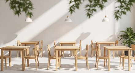 Fototapeta premium Bright Minimalist Cafe Interior with Wooden Tables, Chairs, and Sunlight Shadows