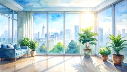 Fototapeta premium Bright apartment living room with large windows city view and decorative indoor plants