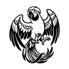 Fototapeta premium Flying Macaw Parrot Illustration – Majestic Tropical Bird with Spreading Wings and Long Tail Silhouette Icon