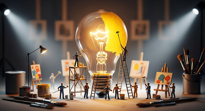 Miniature artists painting yellow color on glowing light bulb
