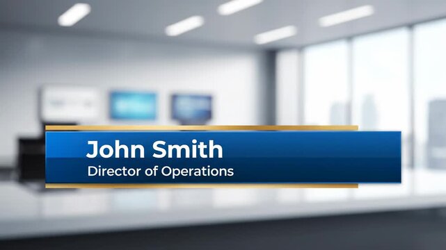 Blurred modern office interior with nameplate on table.