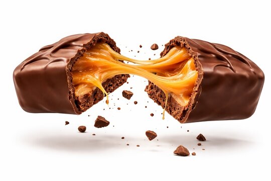 A 3D semi-realistic broken chocolate bar revealing flowing caramel filling stretching between two halves, with small chocolate crumbs falling. With glossy chocolate coating, smooth caramel texture