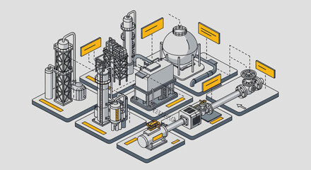 Obraz premium Isometric Industrial Plant Diagram with Detailed Machinery.