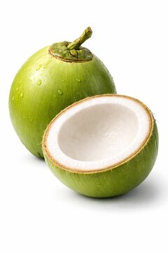 A semi-realistic 3D illustration of a whole green coconut beside a sliced half revealing white flesh. With smooth glossy green shell, fibrous edge details, creamy inner surface, soft shadows