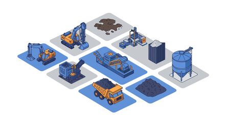 Isometric Mining and Processing Equipment for Resource Extraction.