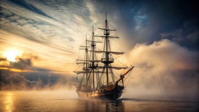 A photo of a vintage frigate sailing into a dense fog bank, the ships hull partially obscured by mist, with intricate wooden details and tall masts s