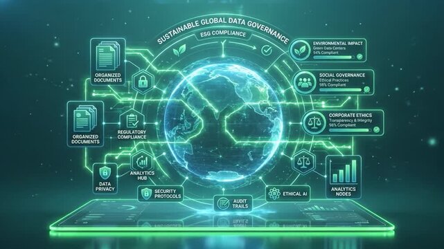 Sustainable global data governance for ESG compliance with organized documents, regulatory compliance, data privacy, security protocols, audit trails, ethical AI, analytics nodes, environmental