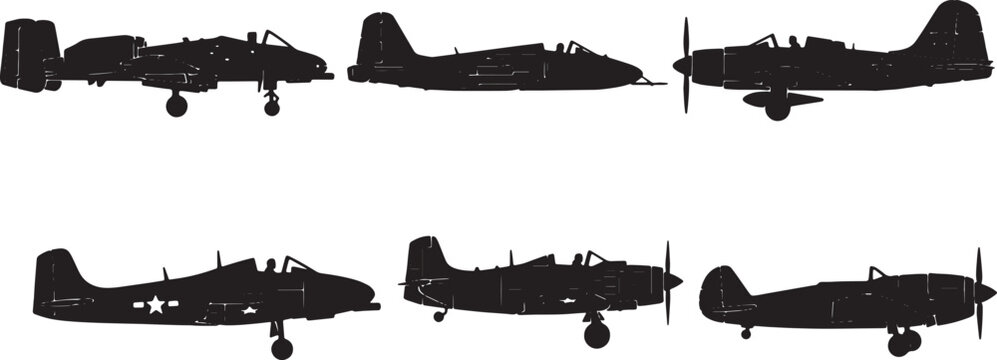 Black Solid Ground Attack Aircraft Silhouettes Set of Six on White Background