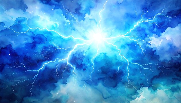 Explosive lightning burst illuminating dark blue storm clouds dramatic sky wallpaper background watercolor painting illustration