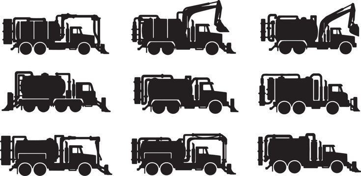 Black Solid Hydro Excavation Truck Silhouettes Set of Six on White Background