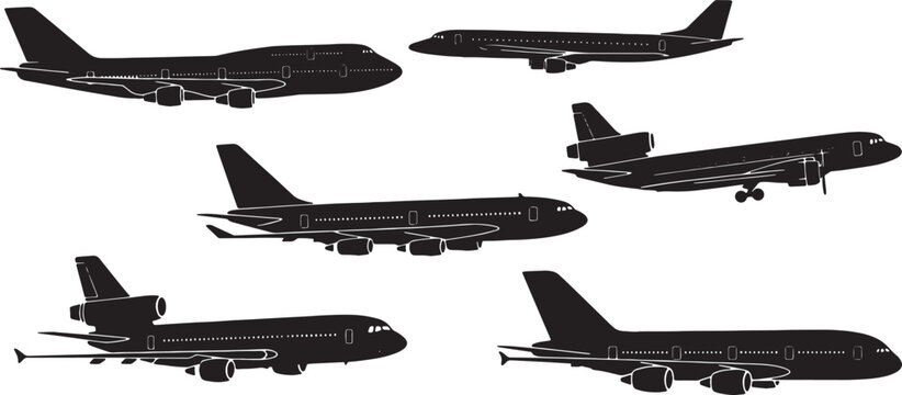 Black Solid Iconic Jetliners Silhouettes Set of Six on White Background