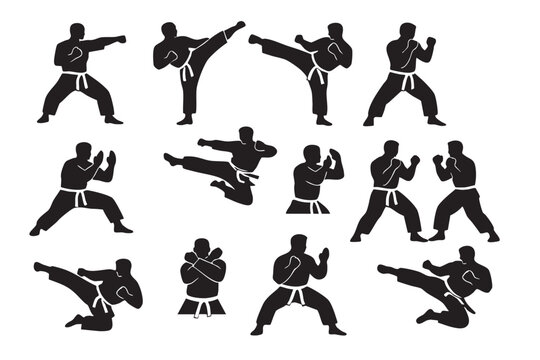 Karate Martial Arts Silhouette Set with Dynamic Fighting Poses