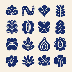 Collection of stylized blue floral and abstract shapes on a light background. © Karimun
