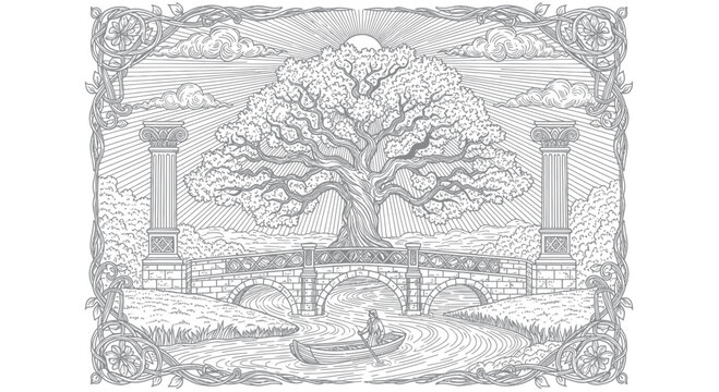 Majestic ancient tree of life spanning a bridge over a river with a small boat.