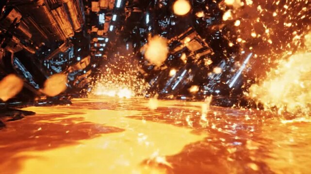 Dark tech cavern with molten lava river and glowing circuitry walls