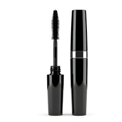 Obraz premium A black mascara tube and wand on a white background