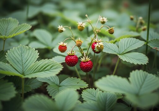 Wild strawberries in the forest close up
