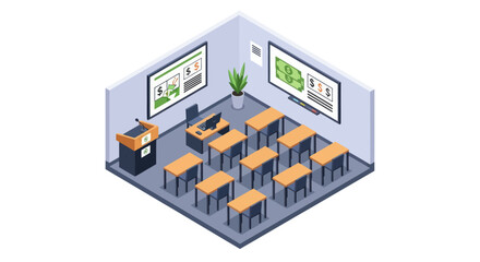 Obraz premium Isometric Classroom with Desks and Teacher.
