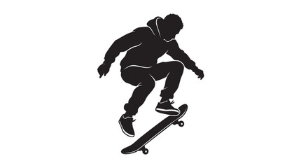 Fototapeta premium Dynamic black silhouette of a skateboarder performing an ollie trick in mid-air against a clean white background, showcasing action and movement.