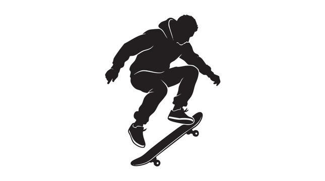 Dynamic black silhouette of a skateboarder performing an ollie trick in mid-air against a clean white background, showcasing action and movement.