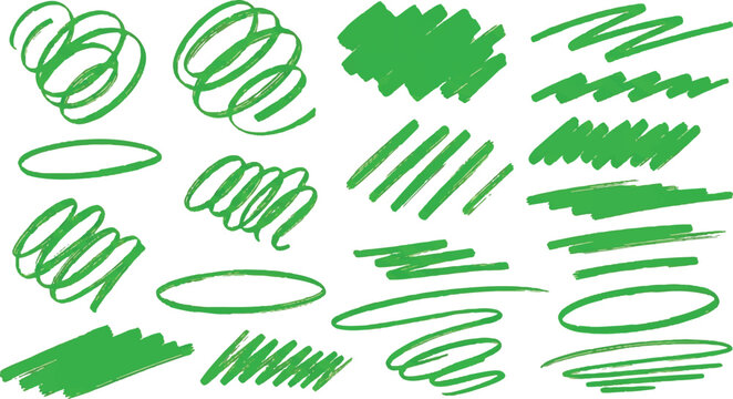 A vibrant collection of hand-drawn green highlighter strokes, abstract swirls, and marker scribbles. These versatile vector elements are designed to emulate the look of real-world office markers.