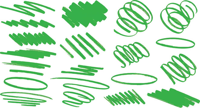 A vibrant collection of hand-drawn green highlighter strokes, abstract swirls, and marker scribbles. These versatile vector elements are designed to emulate the look of real-world office markers.