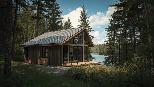 Cozy modern wood cabin by lake with floor to ceiling windows, forest view and bright sky
